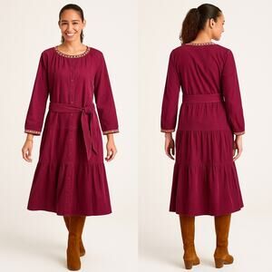 Johnny Was Corduroy Ruffle Midi Dress | Maroon Belted Coastal Cowgirl | NWT | L